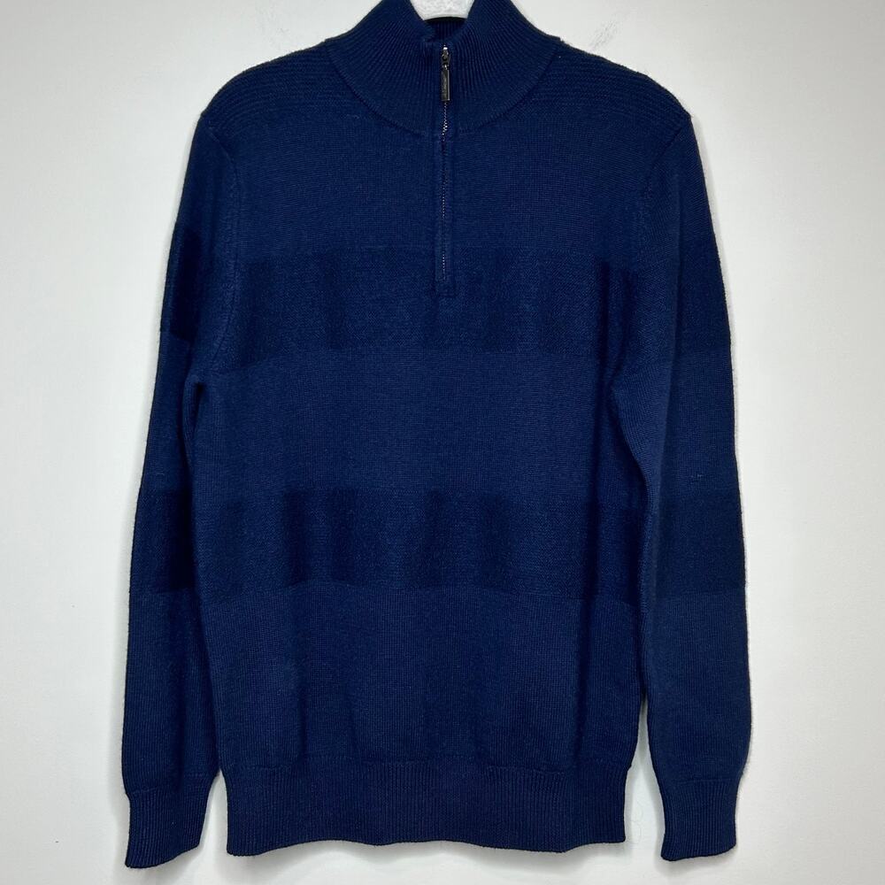 NWT Jeremy Argyle Blue 1/4 Zip Textured Stripe 100% Merino Wool Sweater Sz. S